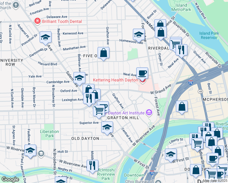 map of restaurants, bars, coffee shops, grocery stores, and more near 410 Grafton Avenue in Dayton