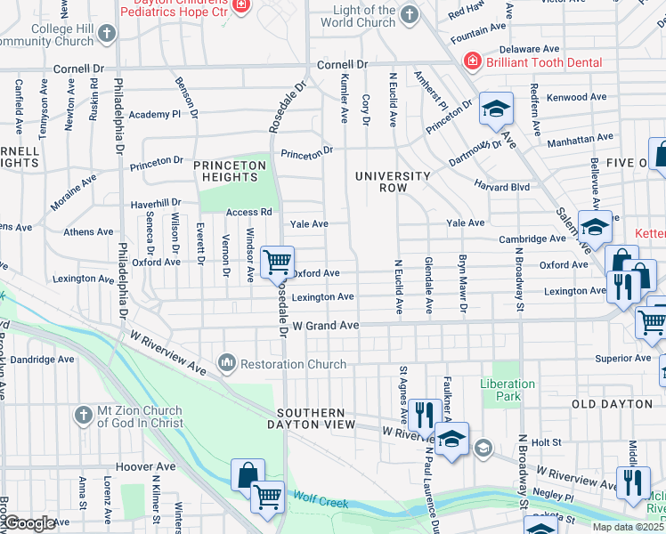 map of restaurants, bars, coffee shops, grocery stores, and more near 1221 Kumler Avenue in Dayton