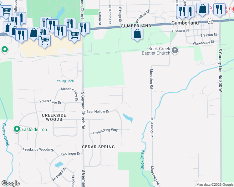 map of restaurants, bars, coffee shops, grocery stores, and more near 11235 East Birdsong Drive in Indianapolis
