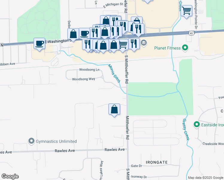 map of restaurants, bars, coffee shops, grocery stores, and more near 9850 Legends Creek Drive in Indianapolis
