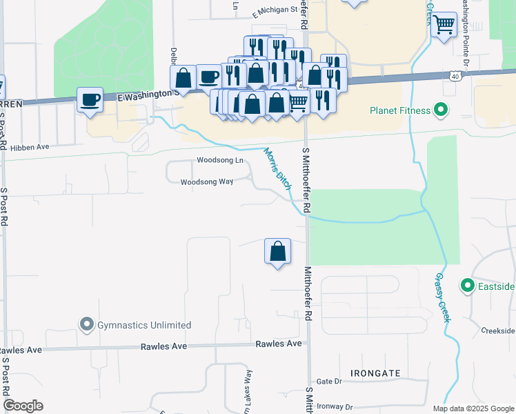 map of restaurants, bars, coffee shops, grocery stores, and more near 9820 Legends Creek Drive in Indianapolis