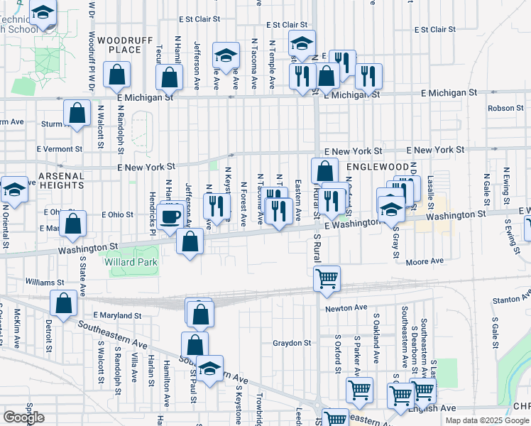 map of restaurants, bars, coffee shops, grocery stores, and more near 39 North Tacoma Avenue in Indianapolis