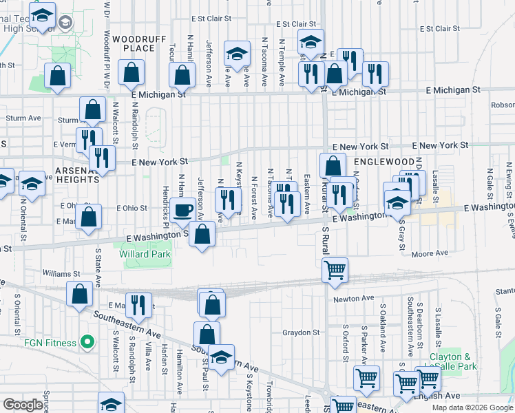 map of restaurants, bars, coffee shops, grocery stores, and more near 52 North Forest Avenue in Indianapolis