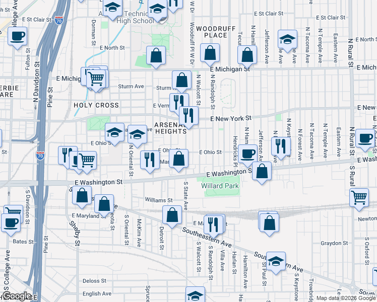 map of restaurants, bars, coffee shops, grocery stores, and more near 218 North Walcott Street in Indianapolis