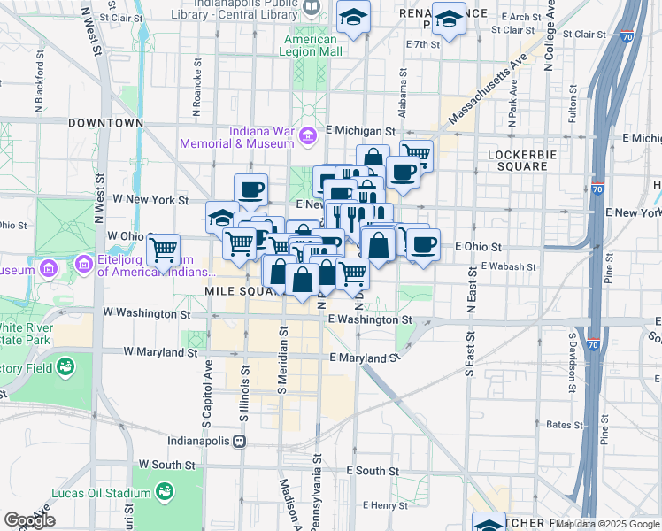 map of restaurants, bars, coffee shops, grocery stores, and more near 111e East Ohio Street in Indianapolis