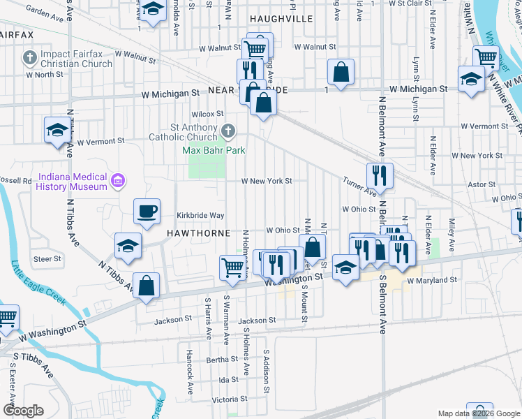 map of restaurants, bars, coffee shops, grocery stores, and more near 253 North Holmes Avenue in Indianapolis