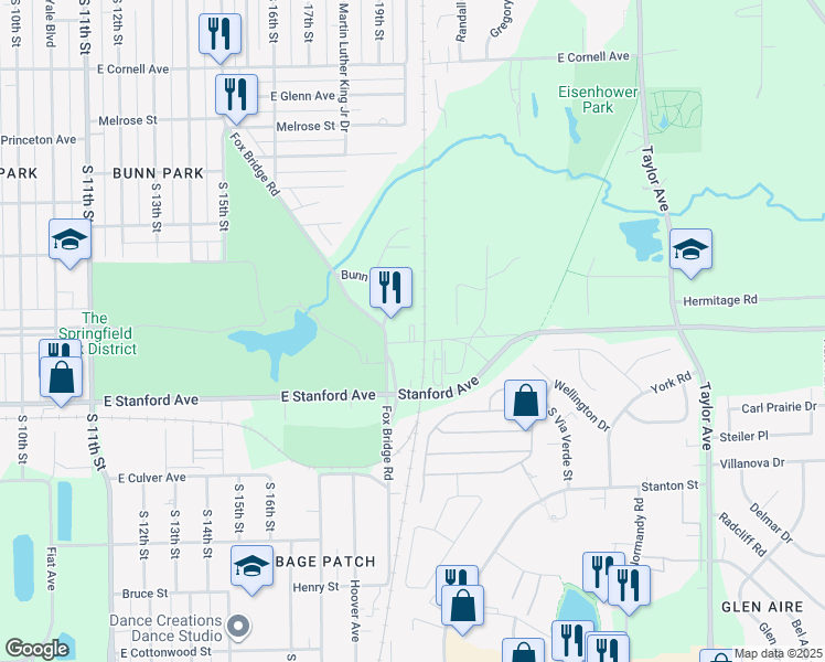 map of restaurants, bars, coffee shops, grocery stores, and more near 22 Fox Court in Springfield