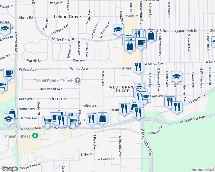 map of restaurants, bars, coffee shops, grocery stores, and more near Scott Ct in Jerome