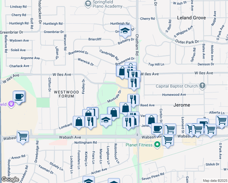map of restaurants, bars, coffee shops, grocery stores, and more near 2601 Montvale Drive in Springfield