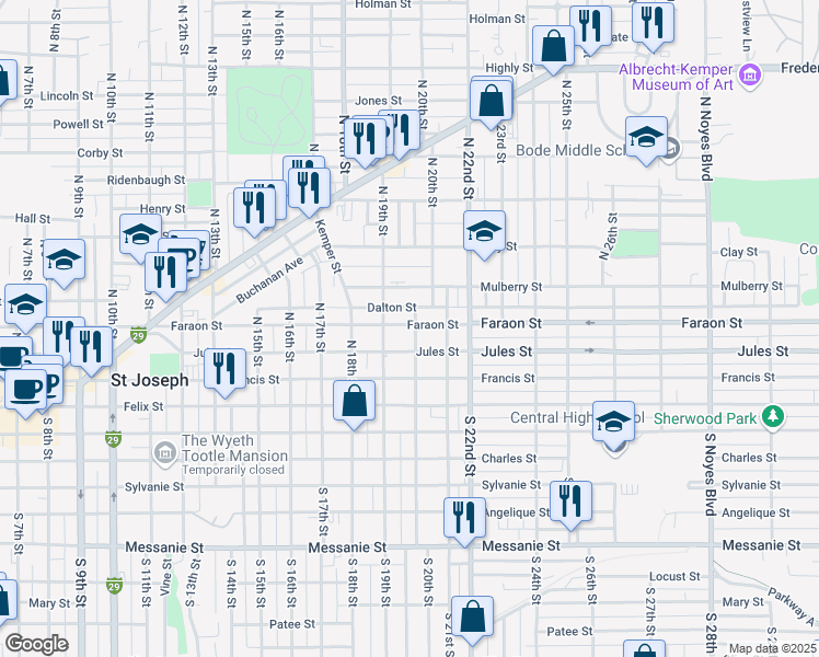 map of restaurants, bars, coffee shops, grocery stores, and more near 2001 Faraon Street in Saint Joseph