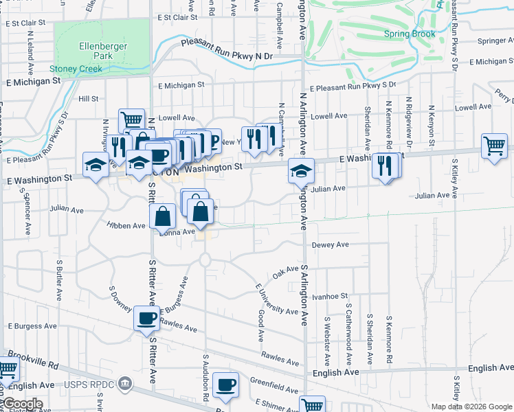 map of restaurants, bars, coffee shops, grocery stores, and more near 51 South Bolton Avenue in Indianapolis