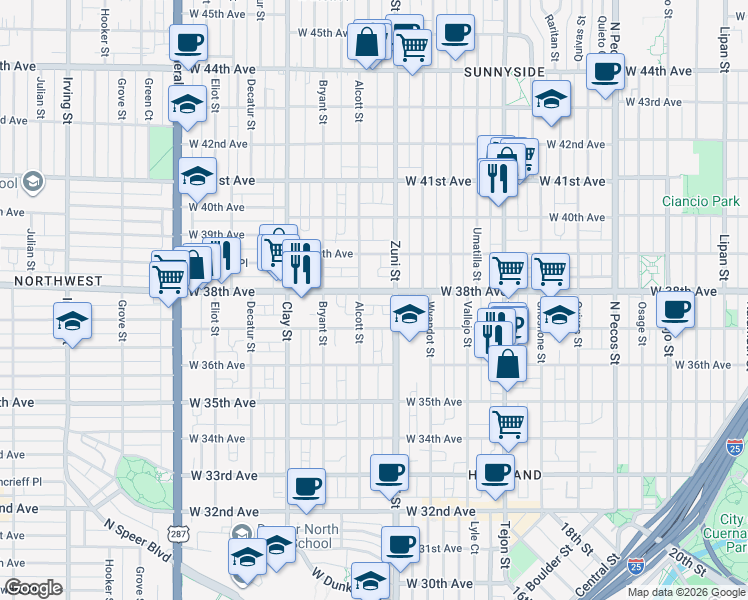 map of restaurants, bars, coffee shops, grocery stores, and more near 2421 West 38th Avenue in Denver