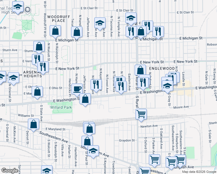 map of restaurants, bars, coffee shops, grocery stores, and more near 52 North Forest Avenue in Indianapolis