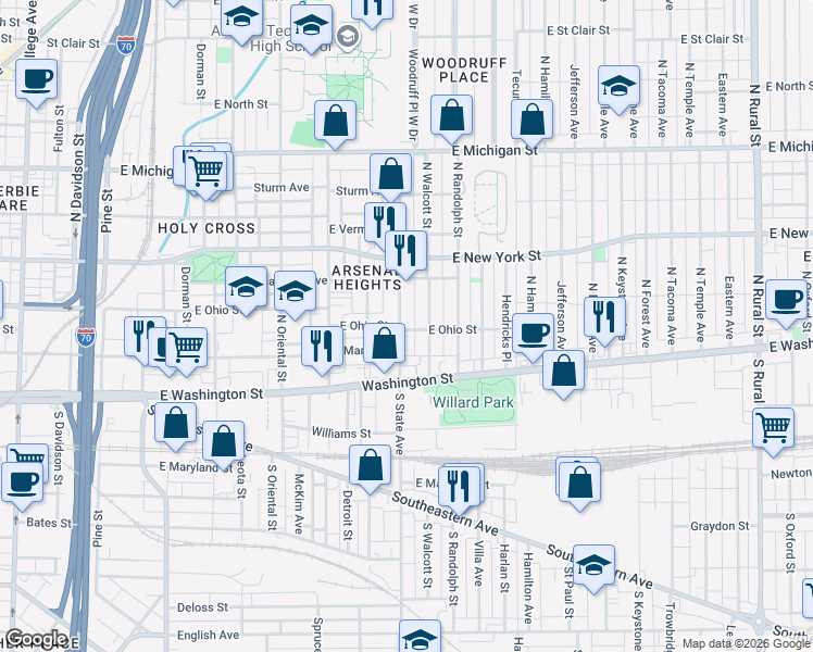 map of restaurants, bars, coffee shops, grocery stores, and more near 218 North Walcott Street in Indianapolis