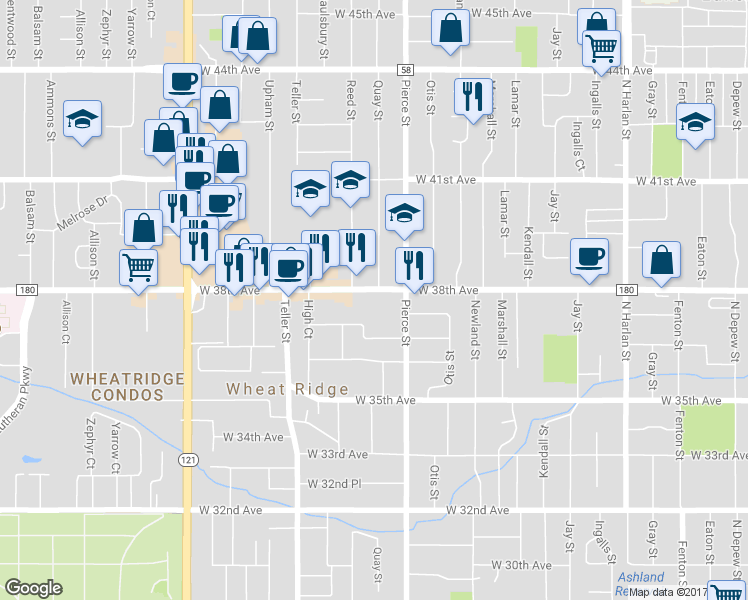 map of restaurants, bars, coffee shops, grocery stores, and more near 6920 W 38th Ave in Wheat Ridge