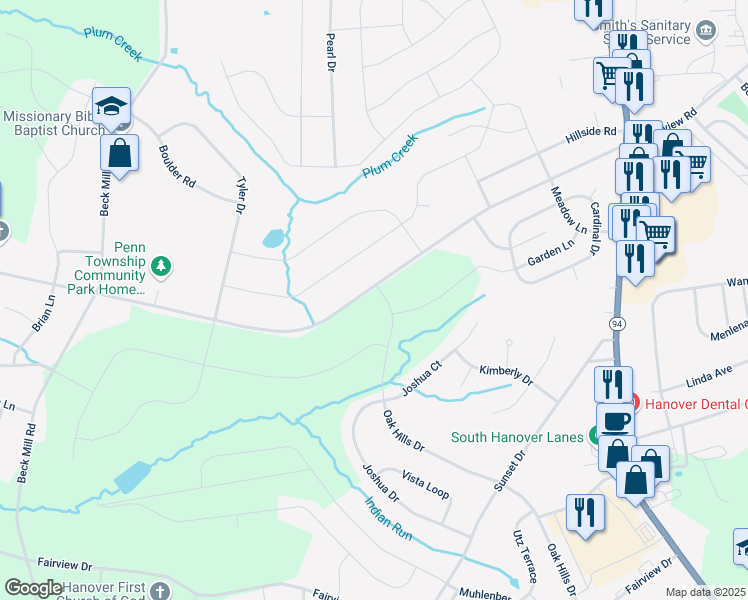 map of restaurants, bars, coffee shops, grocery stores, and more near 121 Kortney Drive in Hanover