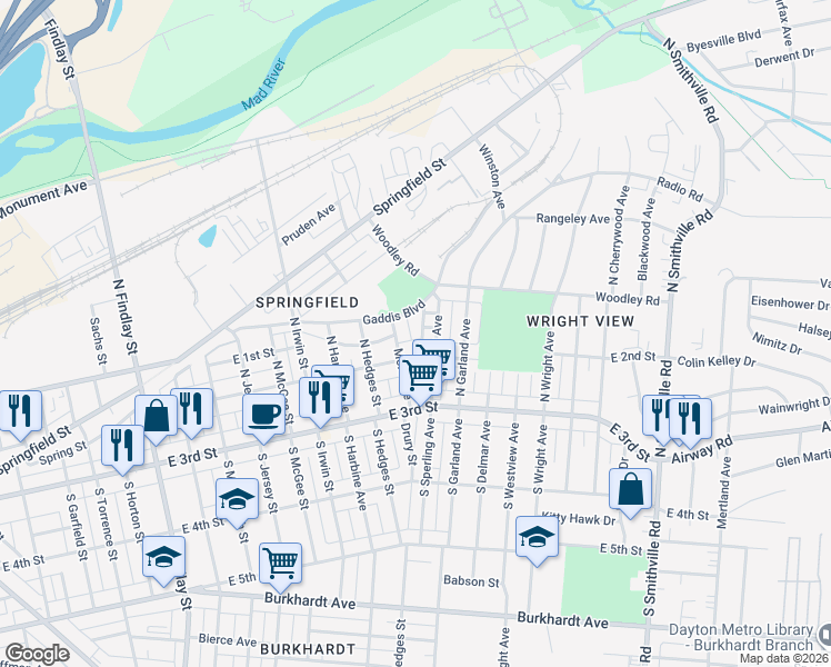 map of restaurants, bars, coffee shops, grocery stores, and more near 115 Bircher Avenue in Dayton