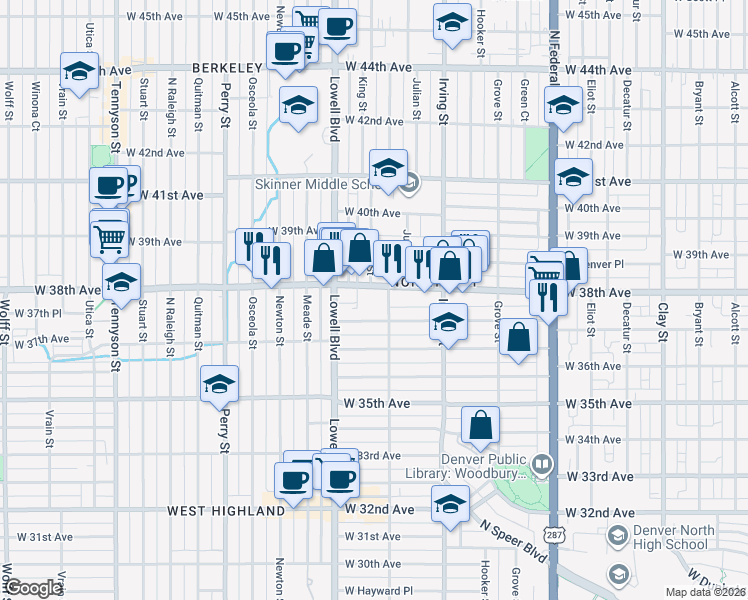map of restaurants, bars, coffee shops, grocery stores, and more near 3451 West 38th Avenue in Denver