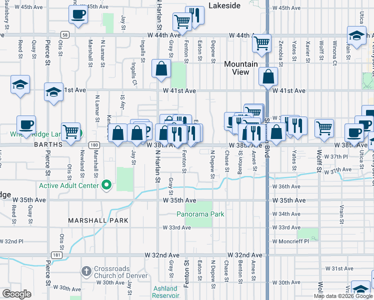 map of restaurants, bars, coffee shops, grocery stores, and more near 5725 West 38th Avenue in Wheat Ridge