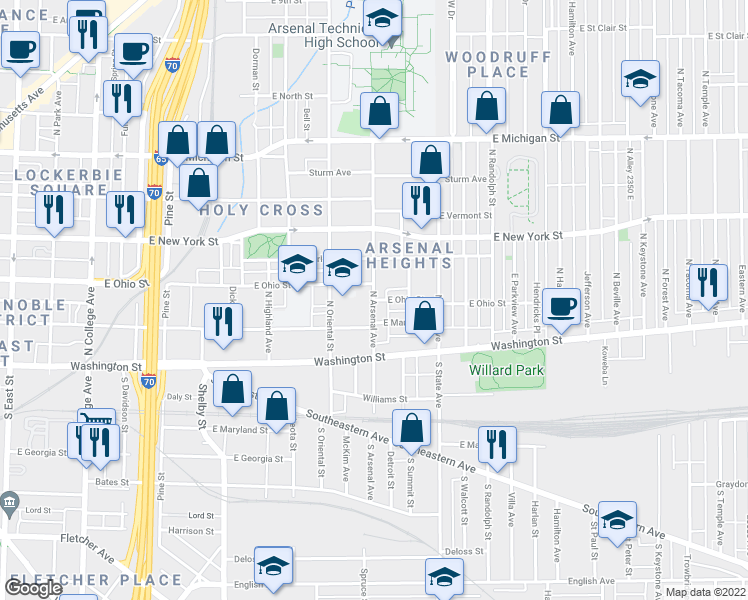 map of restaurants, bars, coffee shops, grocery stores, and more near N Arsenal Ave & E Ohio St in Indianapolis