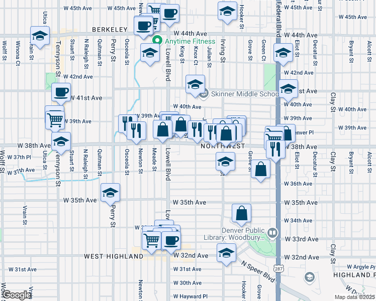 map of restaurants, bars, coffee shops, grocery stores, and more near 3400 West 38th Avenue in Denver