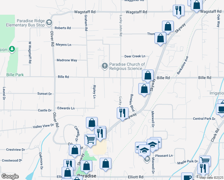 map of restaurants, bars, coffee shops, grocery stores, and more near 839 Howe Lane in Paradise
