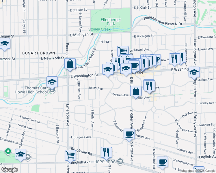 map of restaurants, bars, coffee shops, grocery stores, and more near 5333 East Washington Street in Indianapolis