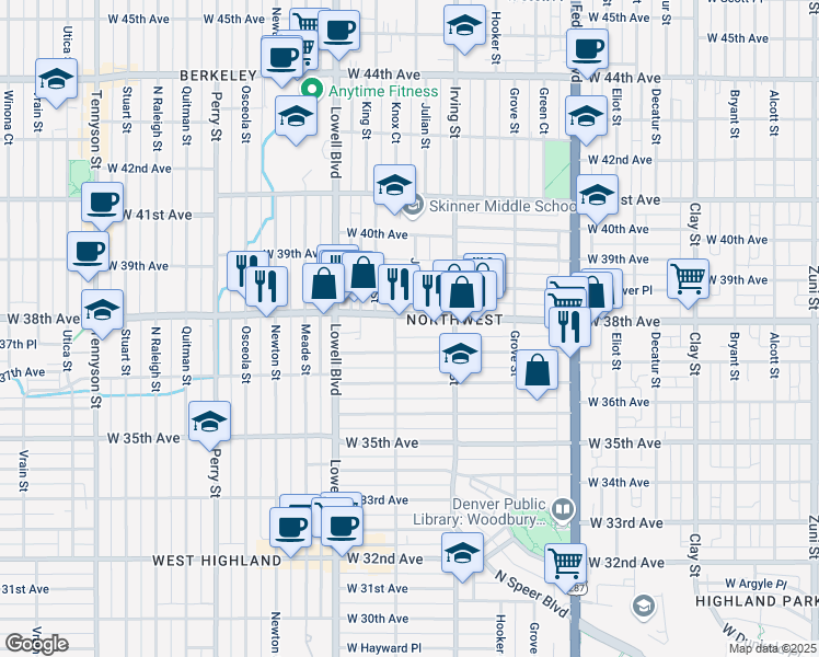 map of restaurants, bars, coffee shops, grocery stores, and more near 3355 West 38th Avenue in Denver