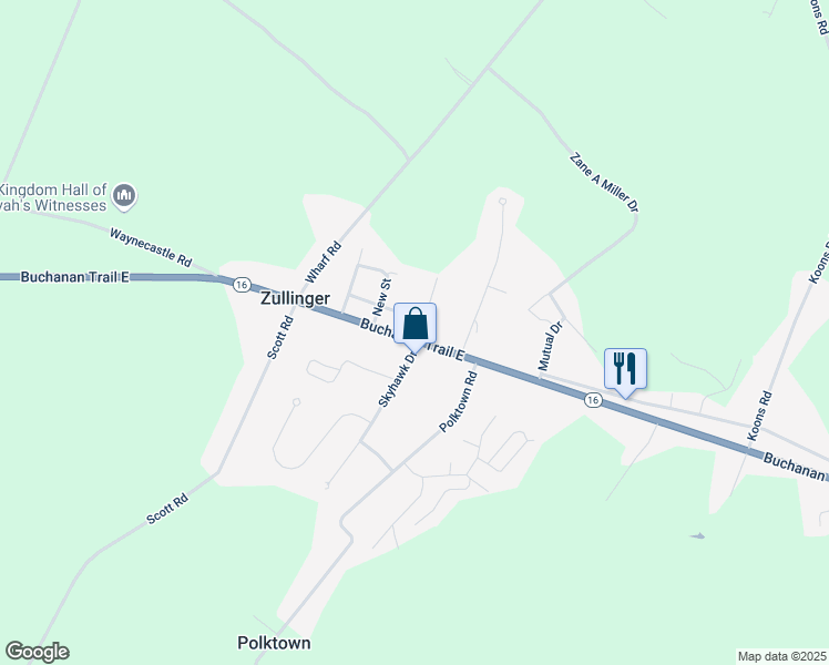 map of restaurants, bars, coffee shops, grocery stores, and more near 4787 Buchanan Trail East in Zullinger