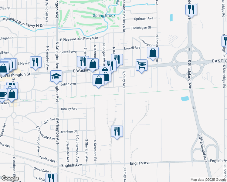 map of restaurants, bars, coffee shops, grocery stores, and more near 6501 Julian Avenue in Indianapolis