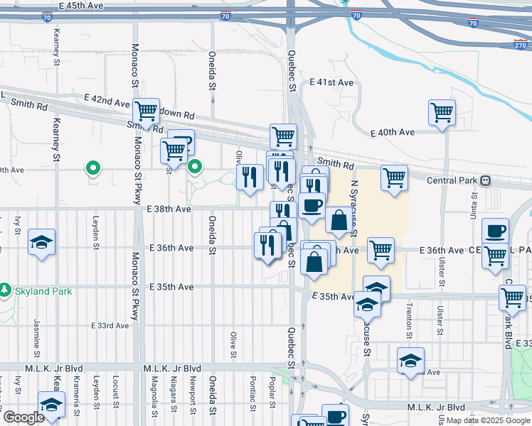 map of restaurants, bars, coffee shops, grocery stores, and more near 7045 38th Avenue in Denver