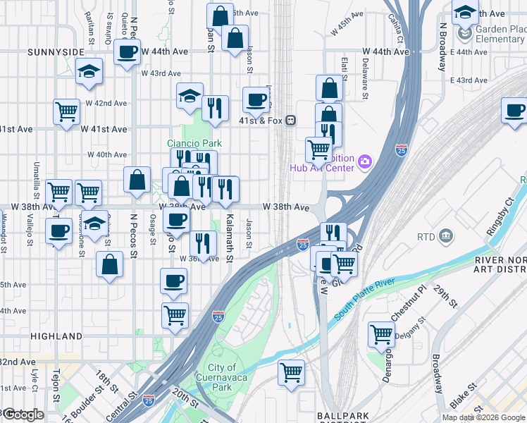 map of restaurants, bars, coffee shops, grocery stores, and more near 3819 Inca Street in Denver