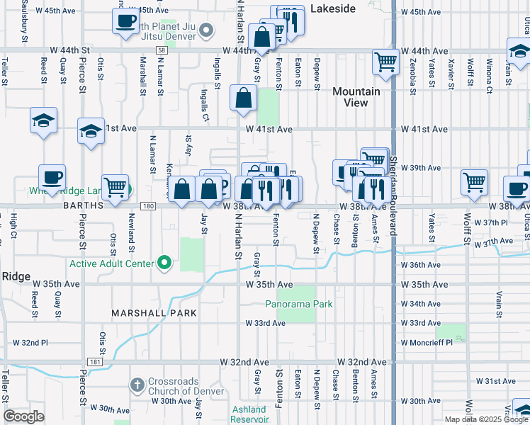 map of restaurants, bars, coffee shops, grocery stores, and more near 5883 West 38th Avenue in Wheat Ridge