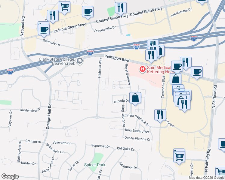 map of restaurants, bars, coffee shops, grocery stores, and more near 2690 Gardenia Avenue in Beavercreek