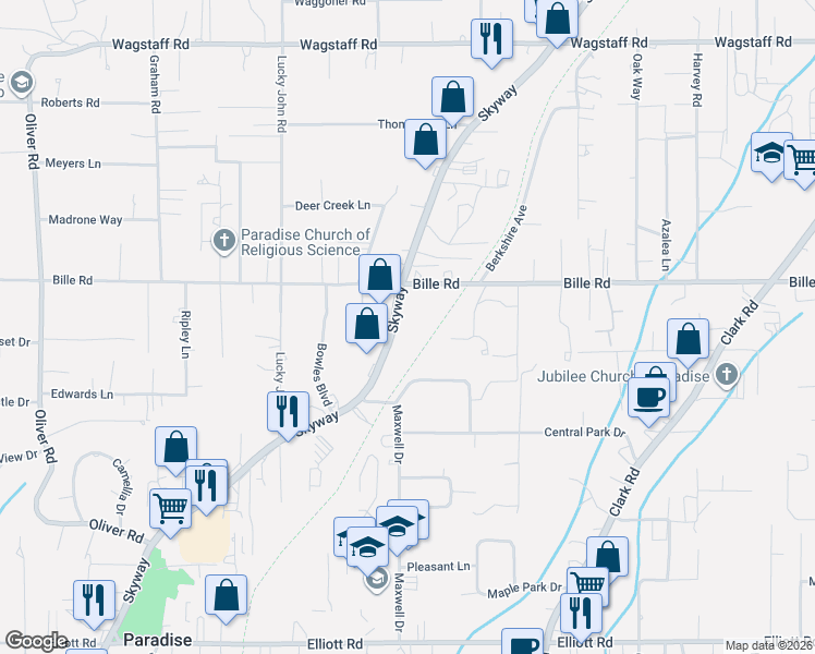 map of restaurants, bars, coffee shops, grocery stores, and more near 7500 Skyway in Paradise