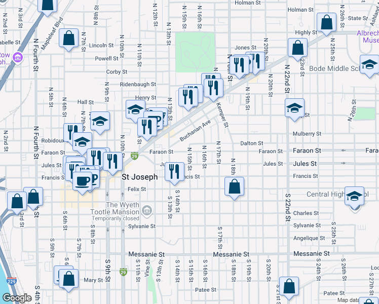 map of restaurants, bars, coffee shops, grocery stores, and more near 1509 Faraon Street in Saint Joseph