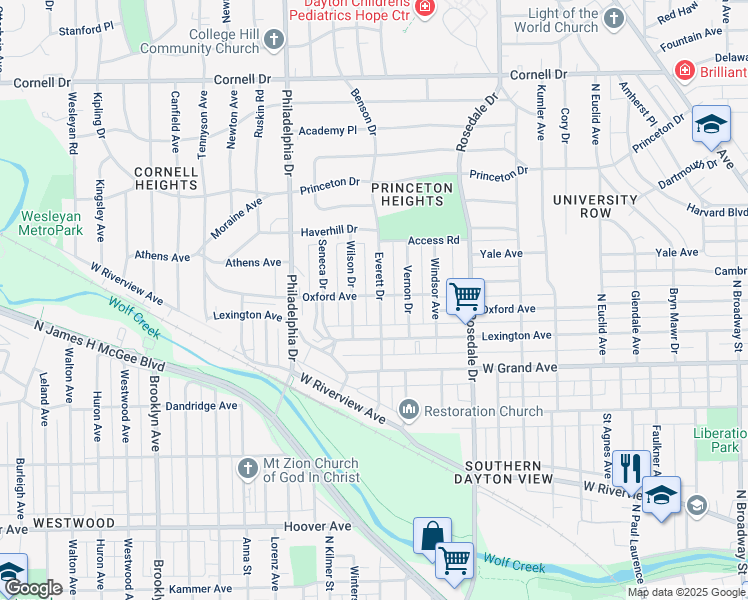 map of restaurants, bars, coffee shops, grocery stores, and more near 1141 Everett Drive in Dayton