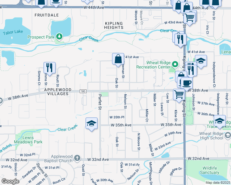 map of restaurants, bars, coffee shops, grocery stores, and more near 3797 Oak Street in Wheat Ridge