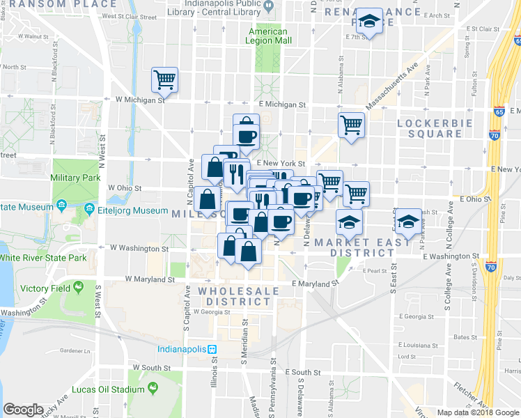 map of restaurants, bars, coffee shops, grocery stores, and more near 111 Monument Circle in Indianapolis