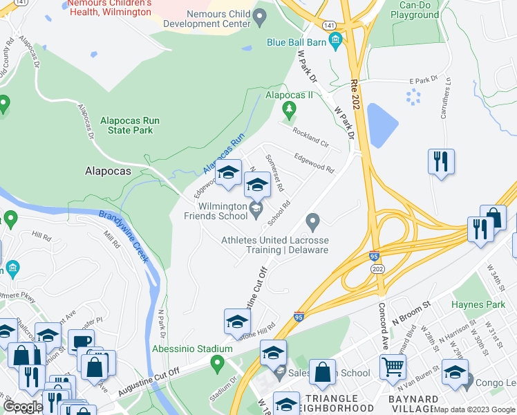 map of restaurants, bars, coffee shops, grocery stores, and more near 101 School Road in Wilmington