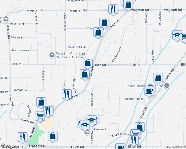 map of restaurants, bars, coffee shops, grocery stores, and more near 7500 Skyway in Paradise