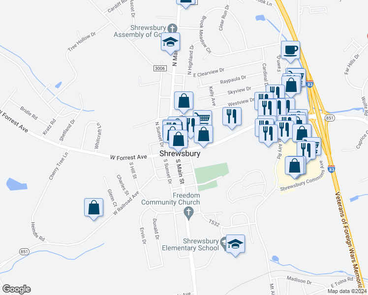 map of restaurants, bars, coffee shops, grocery stores, and more near 29 East Forrest Avenue in Shrewsbury
