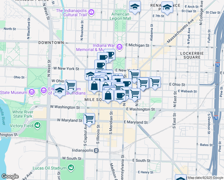 map of restaurants, bars, coffee shops, grocery stores, and more near in Indianapolis