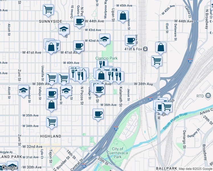 map of restaurants, bars, coffee shops, grocery stores, and more near 3805 Mariposa Street in Denver