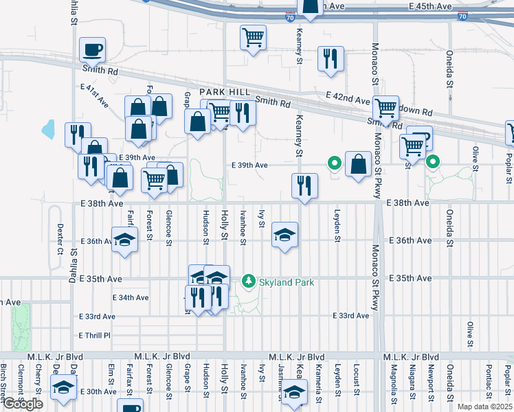 map of restaurants, bars, coffee shops, grocery stores, and more near 3695 Ivy Street in Denver