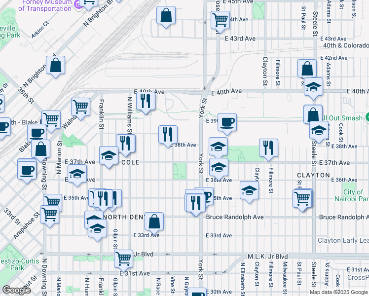 map of restaurants, bars, coffee shops, grocery stores, and more near 3749 North Gaylord Street in Denver