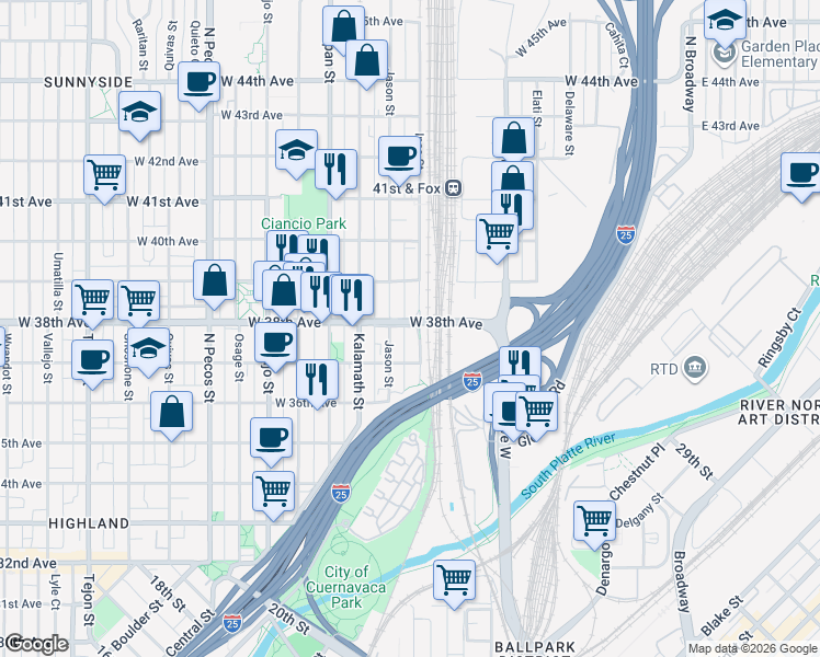 map of restaurants, bars, coffee shops, grocery stores, and more near 3819 Inca Street in Denver