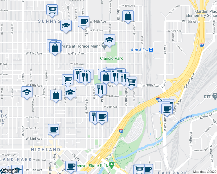 map of restaurants, bars, coffee shops, grocery stores, and more near 3805 Mariposa Street in Denver