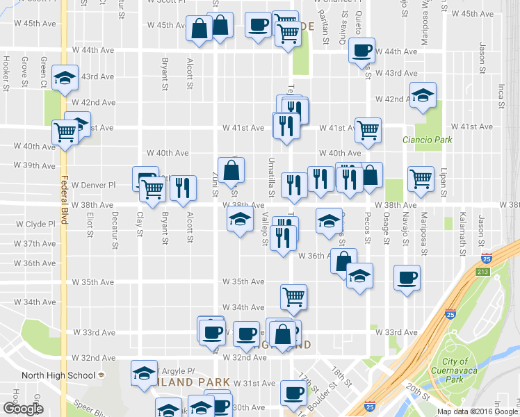 map of restaurants, bars, coffee shops, grocery stores, and more near 2195 West 38th Avenue in Denver