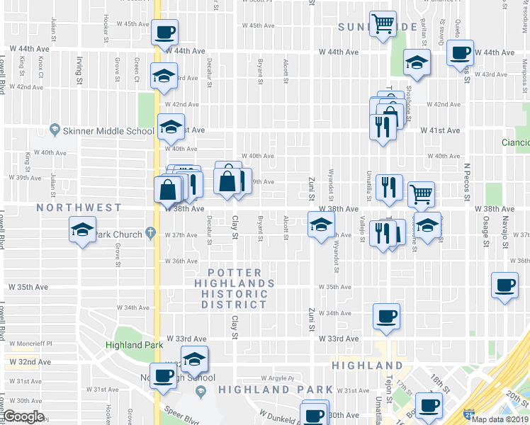 map of restaurants, bars, coffee shops, grocery stores, and more near 2515 West 38th Avenue in Denver